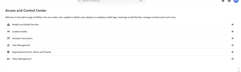 The Access and Control Center with six entries: Models and Model Families, Loaded models, Assistant instructions, User Management, Organizational Units, Teams and Tenants, and Token Management.