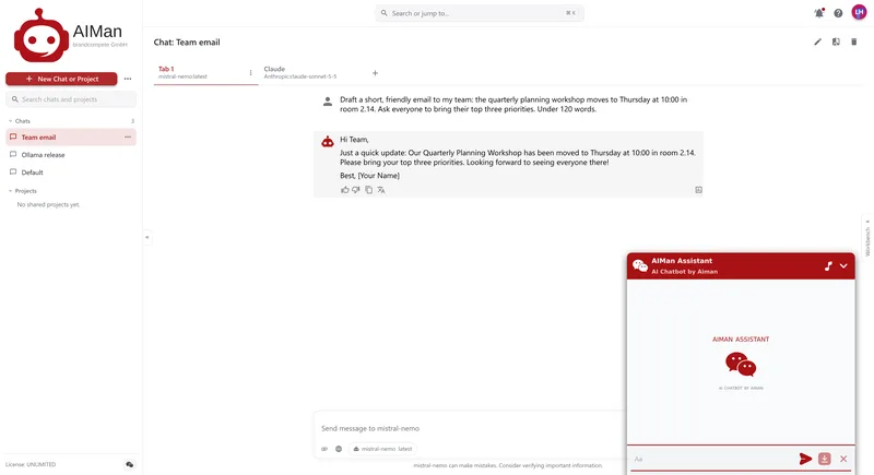 A chat page with the AIMan Assistant chatbot window open at the bottom right, in brandcompete red, with a message field.
