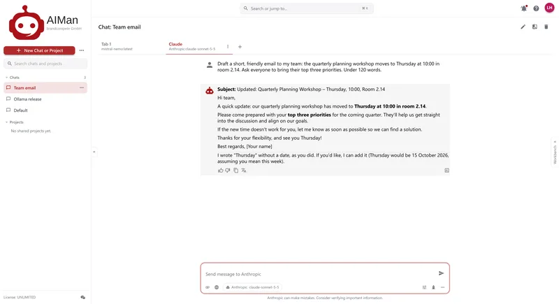 A chat called Team email with the tabs Tab 1 (mistral-nemo) and Claude (claude-sonnet-5-5); Claude has drafted an email about a planning workshop moved to Thursday at 10:00 in room 2.14.