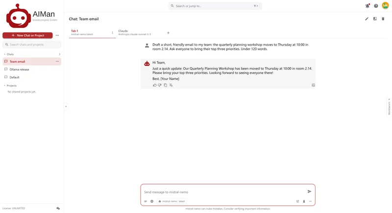 Tab 1 of the same chat, where mistral-nemo has written a shorter version of the same team email.