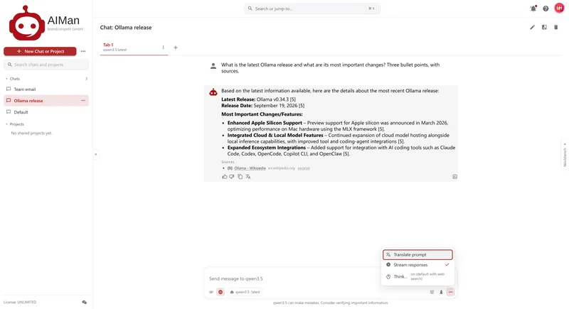 The composer’s more-options menu with Translate prompt, Stream responses and Thinking set to on (default with web search); the globe button is highlighted.