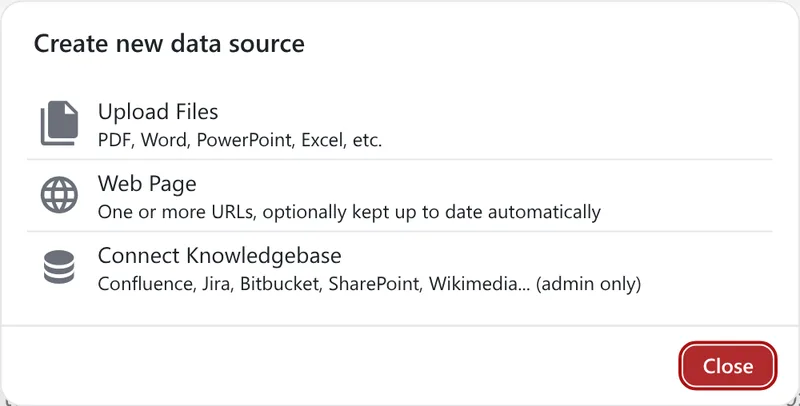 The Create new data source dialog: Upload Files, Web Page and Connect Knowledgebase.