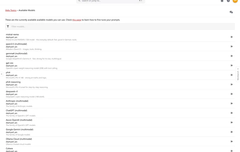 The help page Available Models listing each model family with deployed: yes and a one-line description.