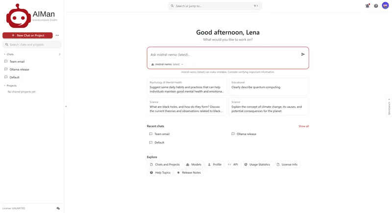 The AIMan start page with the greeting “Good afternoon, Lena”, a composer set to mistral-nemo, four prompt ideas, recent chats and a row of shortcuts.