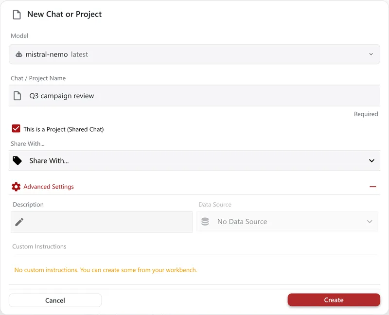 The New Chat or Project dialog with the name Q3 campaign review, This is a Project ticked, Share With, and advanced settings for description, data source and custom instructions.