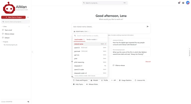 The model picker open on the start page, Local models tab, with mistral-nemo selected.