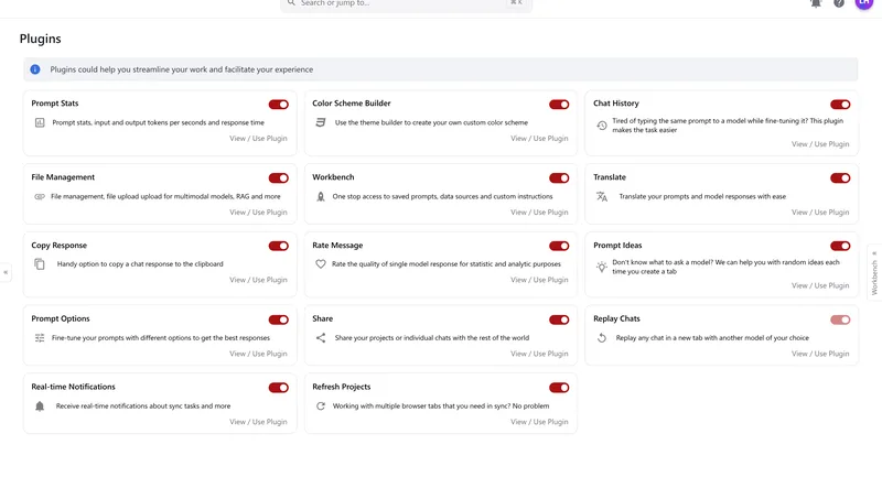 The Plugins page with cards for Prompt Stats, Color Scheme Builder, Chat History, File Management, Workbench, Translate, Copy Response, Rate Message, Prompt Ideas, Prompt Options, Share, Replay Chats, Real-time Notifications and Refresh Projects, each with a switch.