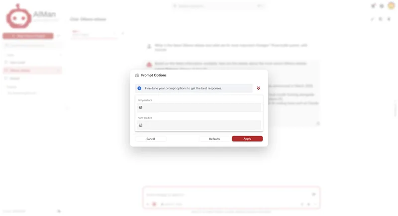 The Prompt Options dialog with fields for temperature and num predict, and Cancel, Defaults and Apply buttons.