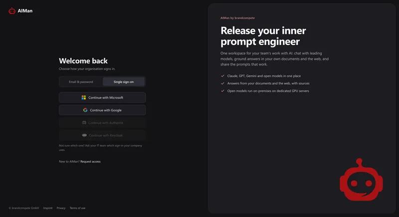 The AIMan sign-in screen on the Single sign-on tab with Continue with Microsoft and Continue with Google.