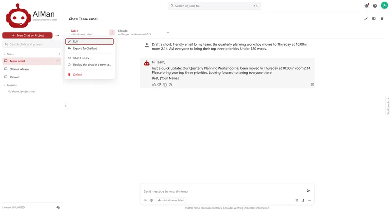 The actions menu of a chat tab with Edit, Export To Chatbot, Chat History, Replay this chat in a new tab and Delete.
