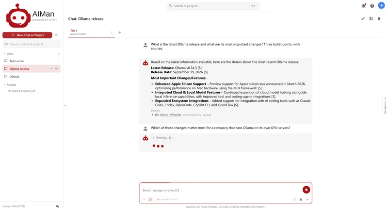The same chat with a follow-up question; the answer shows a collapsed Thinking block with a five-second timer and a typing indicator.