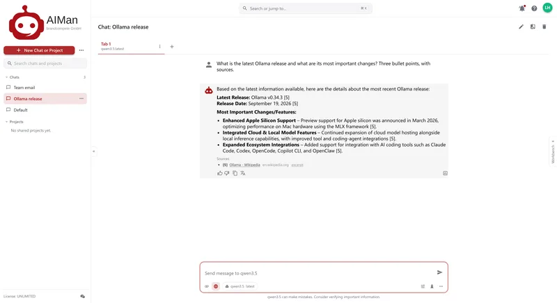 A chat called Ollama release where qwen3.5, with web search on, names the latest Ollama version and three changes, each marked [5], with Ollama – Wikipedia listed under Sources.