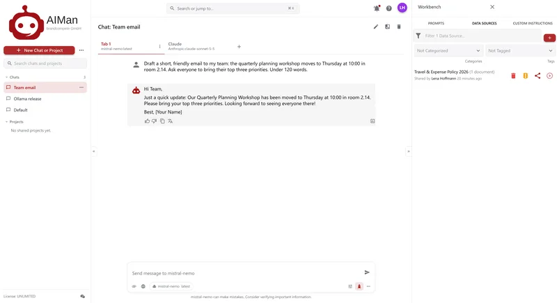 The Workbench panel open on Data Sources, listing Travel & Expense Policy 2026 (1 document), shared by Lena Hoffmann, with delete, status, share and use buttons.