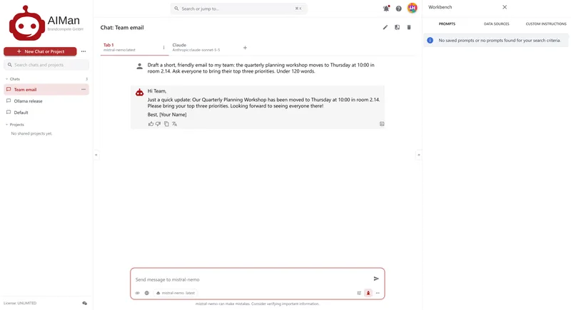 The Workbench panel on Prompts with three saved prompts: Release notes in three bullets, Meeting notes to action list and Team announcement email, each with placeholders in double braces.